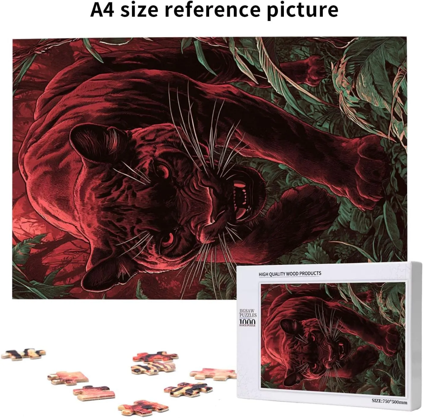 1000pcs Wooden Jigsaw Puzzle,Crimson Panther in Jungle,Challenging Brain Exercise,Therapeutic Primal Focus,Premium Cut,Enjoy The Solving Process,Ideal for Relaxation and Family Fun