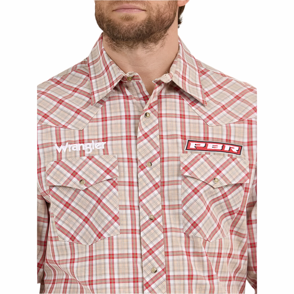 112365769 Wrangler PBR Logo Men's Long Sleeve Snap Shirt - Beige Crimson