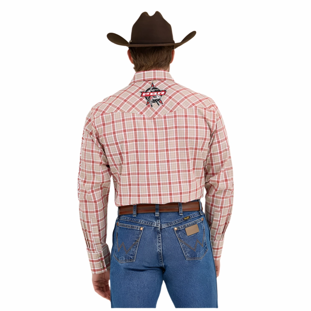 112365769 Wrangler PBR Logo Men's Long Sleeve Snap Shirt - Beige Crimson