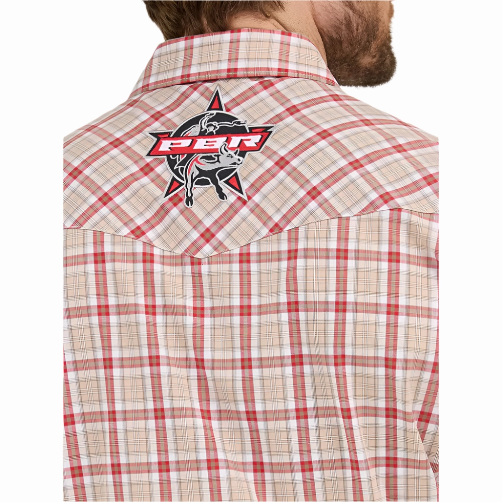 112365769 Wrangler PBR Logo Men's Long Sleeve Snap Shirt - Beige Crimson