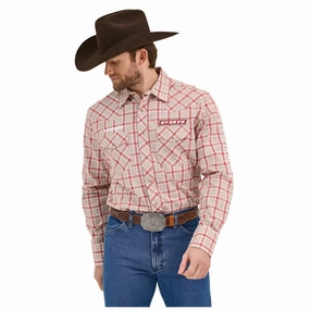 112365769 Wrangler PBR Logo Men's Long Sleeve Snap Shirt - Beige Crimson
