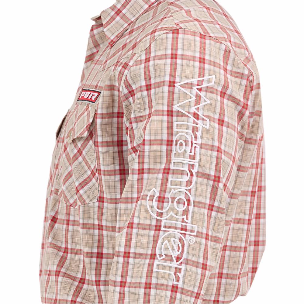 112365769 Wrangler PBR Logo Men's Long Sleeve Snap Shirt - Beige Crimson