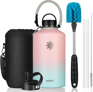 128 oz Water Bottle with Paracord Handle & Bottle Brush - Large Stainless Steel Water Bottle with Carrying Pouch & 2 Lids - Double Wall Vacuum Water Jug for Sport Gym Camping, Peach Pink&Blue