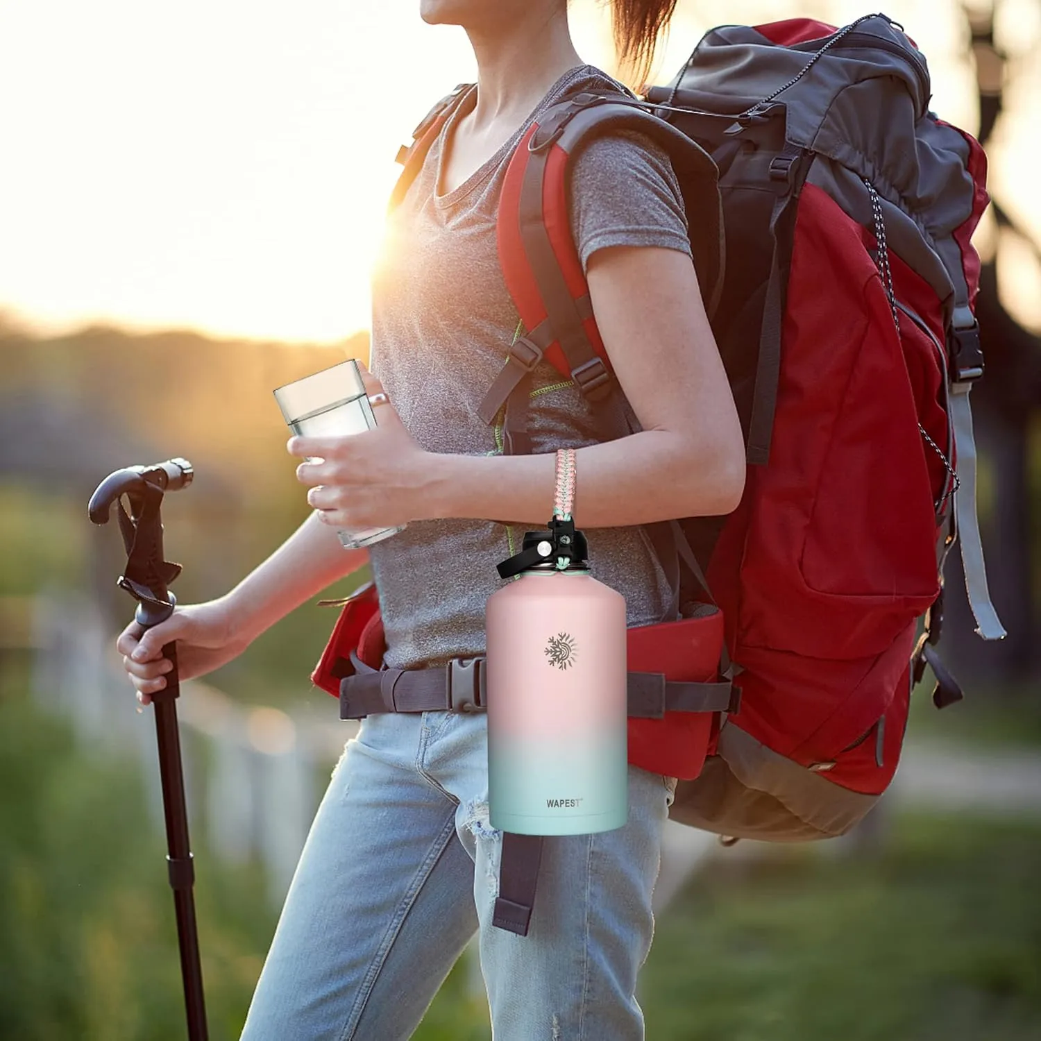 128 oz Water Bottle with Paracord Handle & Bottle Brush - Large Stainless Steel Water Bottle with Carrying Pouch & 2 Lids - Double Wall Vacuum Water Jug for Sport Gym Camping, Peach Pink&Blue