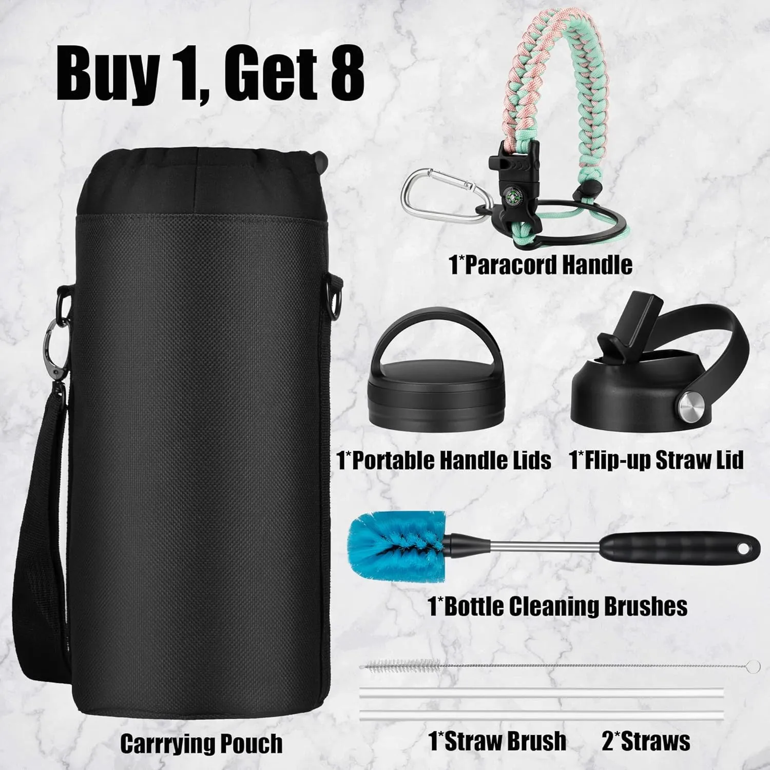 128 oz Water Bottle with Paracord Handle & Bottle Brush - Large Stainless Steel Water Bottle with Carrying Pouch & 2 Lids - Double Wall Vacuum Water Jug for Sport Gym Camping, Peach Pink&Blue