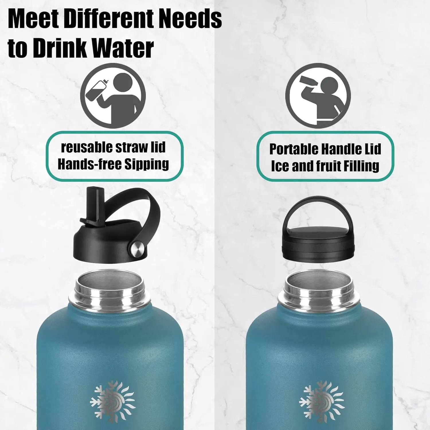 128 oz Water Bottle with Paracord Handle & Bottle Brush - Large Stainless Steel Water Bottle with Carrying Pouch & 2 Lids - Double Wall Vacuum Water Jug for Sport Gym Camping, Peach Pink&Blue