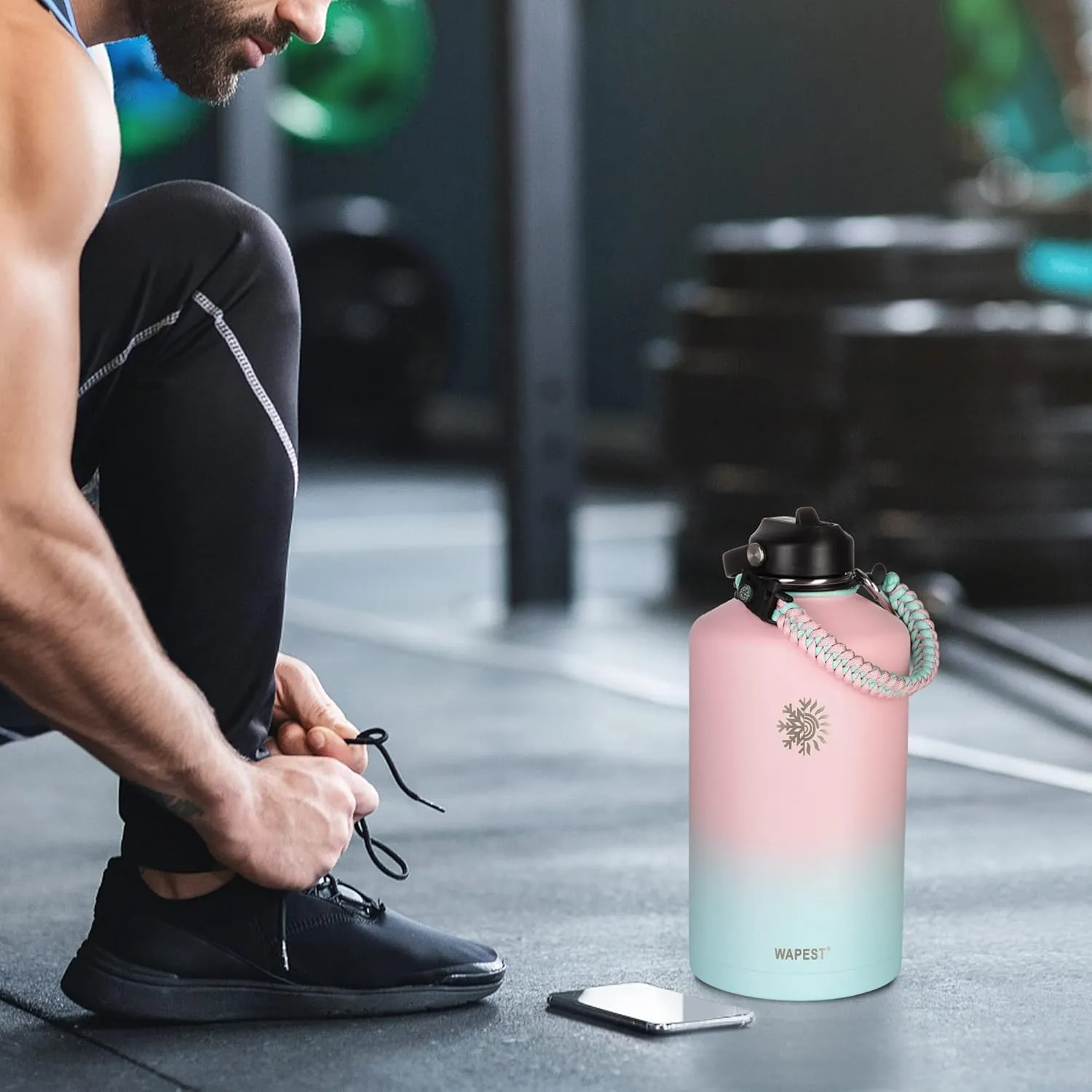 128 oz Water Bottle with Paracord Handle & Bottle Brush - Large Stainless Steel Water Bottle with Carrying Pouch & 2 Lids - Double Wall Vacuum Water Jug for Sport Gym Camping, Peach Pink&Blue
