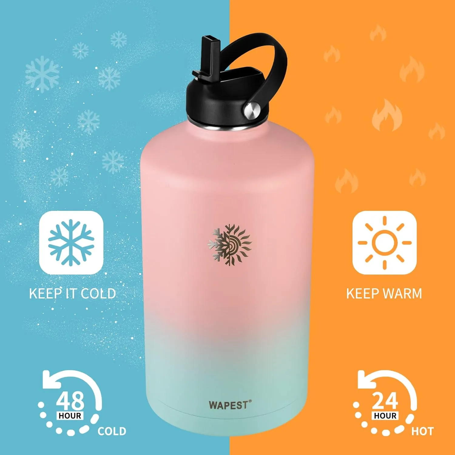 128 oz Water Bottle with Paracord Handle & Bottle Brush - Large Stainless Steel Water Bottle with Carrying Pouch & 2 Lids - Double Wall Vacuum Water Jug for Sport Gym Camping, Peach Pink&Blue