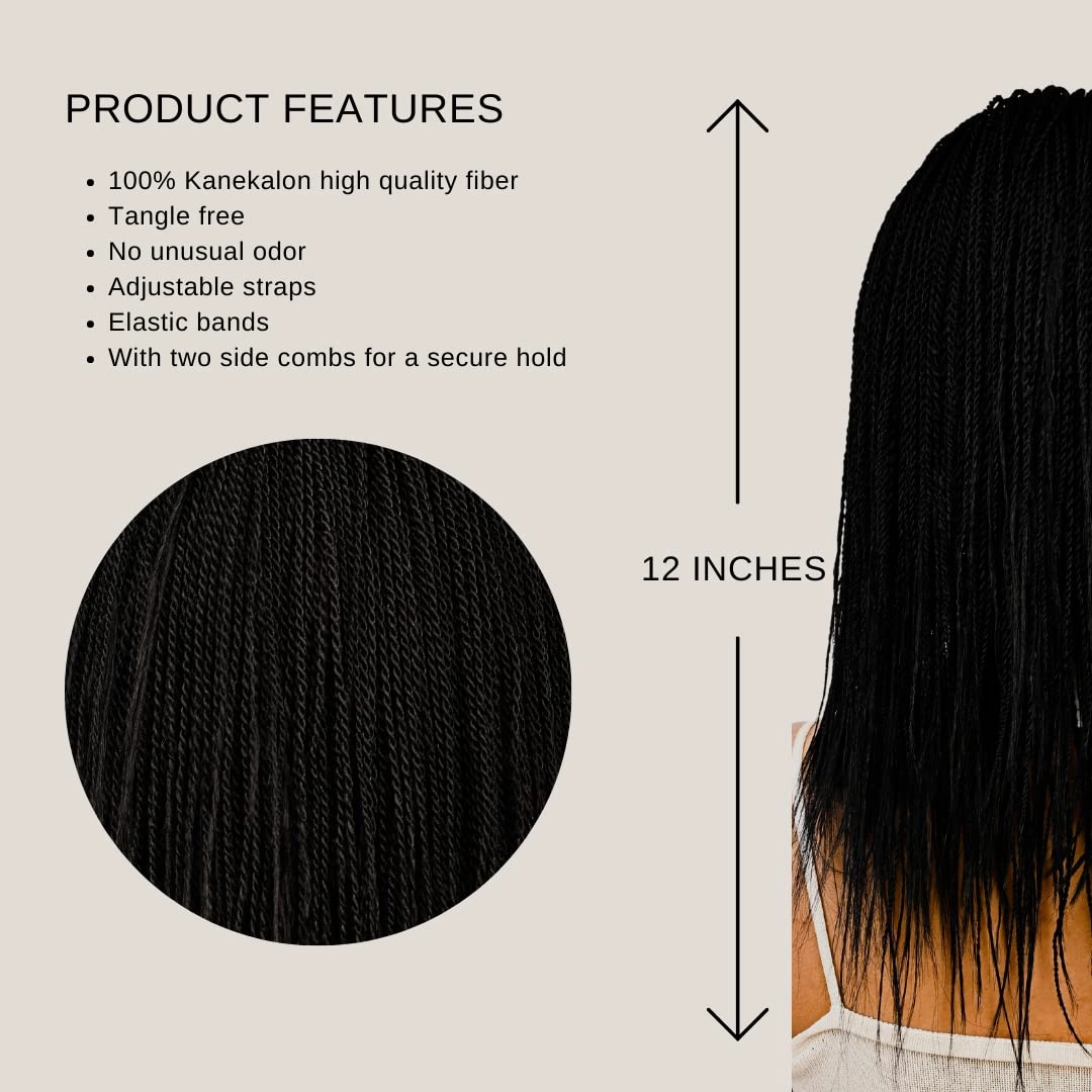 12-Inch Micro Million Twist Braided Wig - Light, Soft Braid Wigs for Black Women with Glueless Front Lace Closure - No Tangle Synthetic Braids - Darkest Brown Color