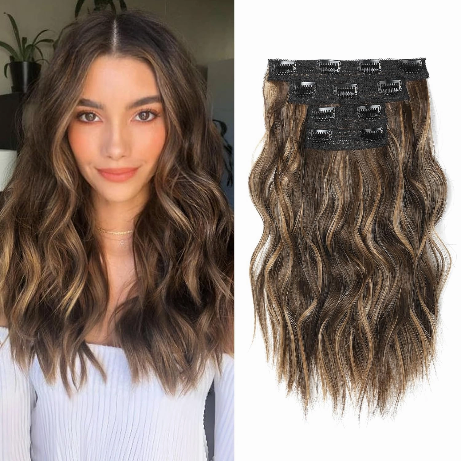 14" Short Clip in Hair Extensions - 4PCS Beach Wave Chocolate Brown With Highlights, Natural Soft Synthetic Hairpiece for Women