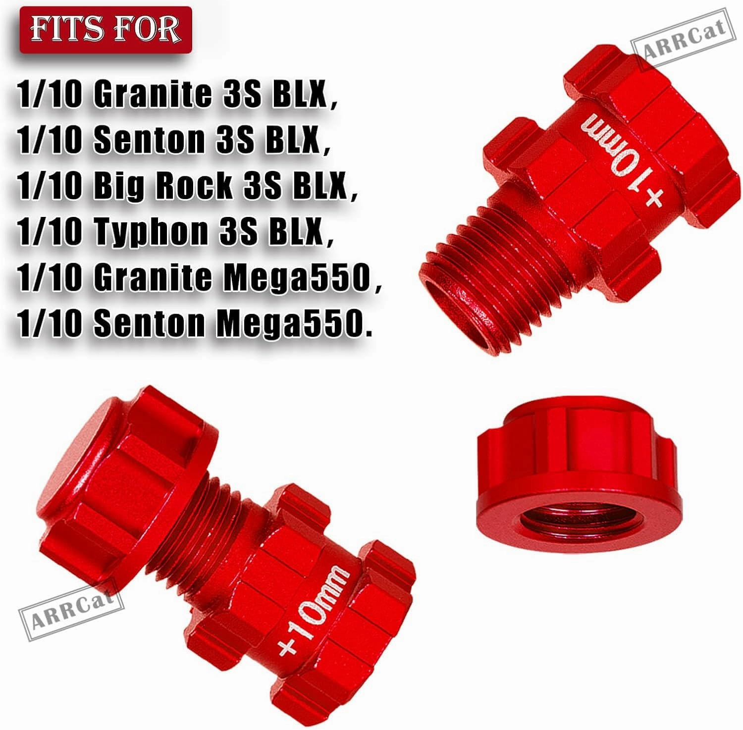 14mm to 17mm Wheel Hex 10mm Extended Wheel Hub Drive with Anti-dust Cap Nuts Upgrades Part for Arrma 1/10 Granite Senton Big Rock Typhon 3S BLX,Aluminum Hex Hub Adapters Hops Up,Red