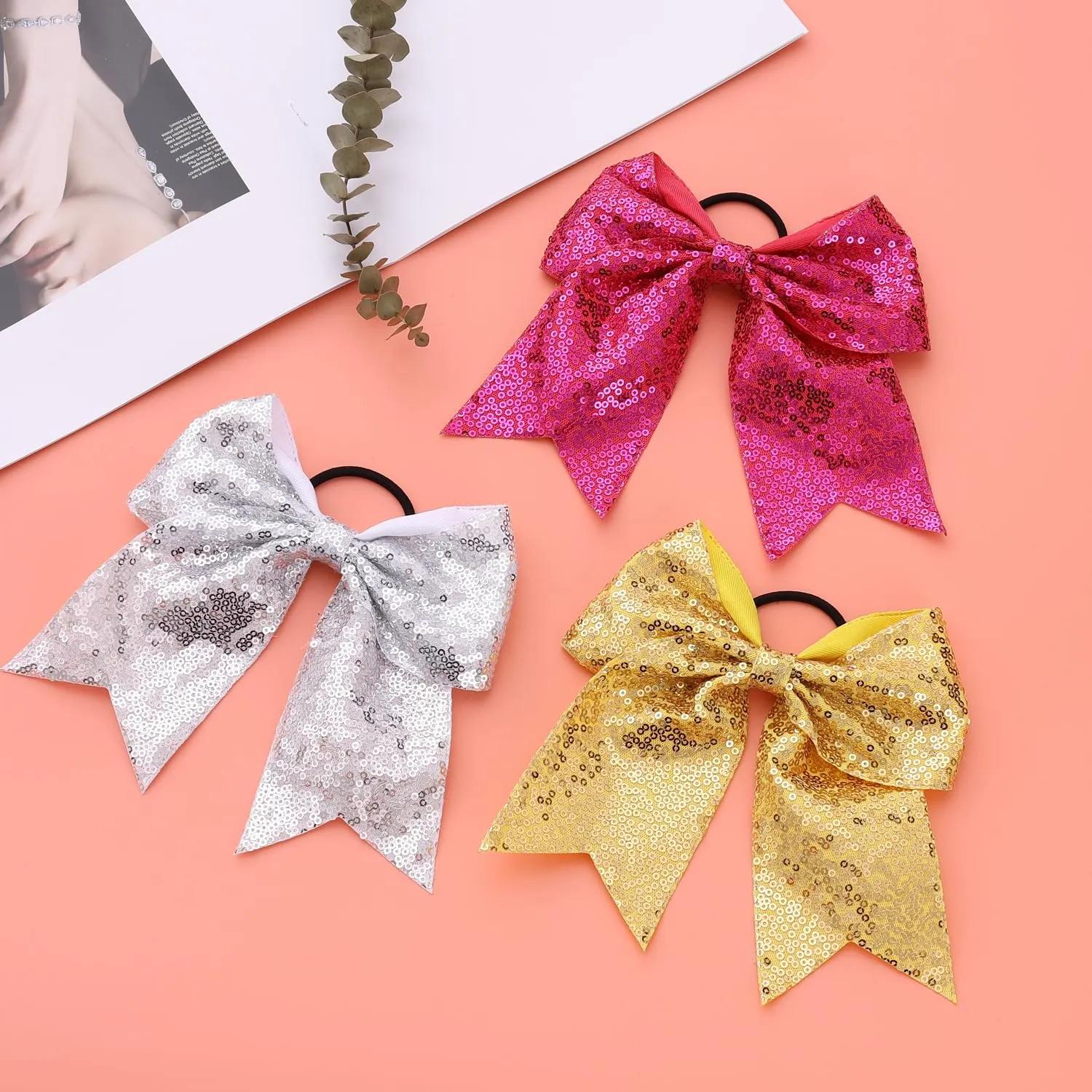 16 PCS Large Glitter Hot Pink Cheer Hair Bows, Shiny Cheerleading Bows Ponytail Holder for Cheerleader Girls Softball Sports and Christmas Tree Decor (Hot Pink)