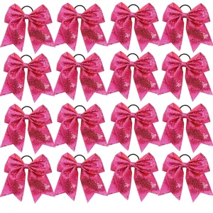 16 PCS Large Glitter Hot Pink Cheer Hair Bows, Shiny Cheerleading Bows Ponytail Holder for Cheerleader Girls Softball Sports and Christmas Tree Decor (Hot Pink)