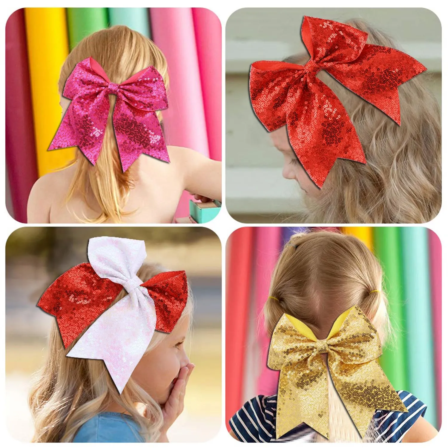 16 PCS Large Glitter Hot Pink Cheer Hair Bows, Shiny Cheerleading Bows Ponytail Holder for Cheerleader Girls Softball Sports and Christmas Tree Decor (Hot Pink)