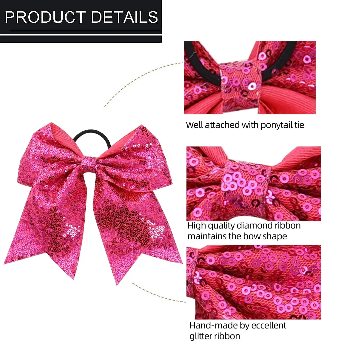 16 PCS Large Glitter Hot Pink Cheer Hair Bows, Shiny Cheerleading Bows Ponytail Holder for Cheerleader Girls Softball Sports and Christmas Tree Decor (Hot Pink)