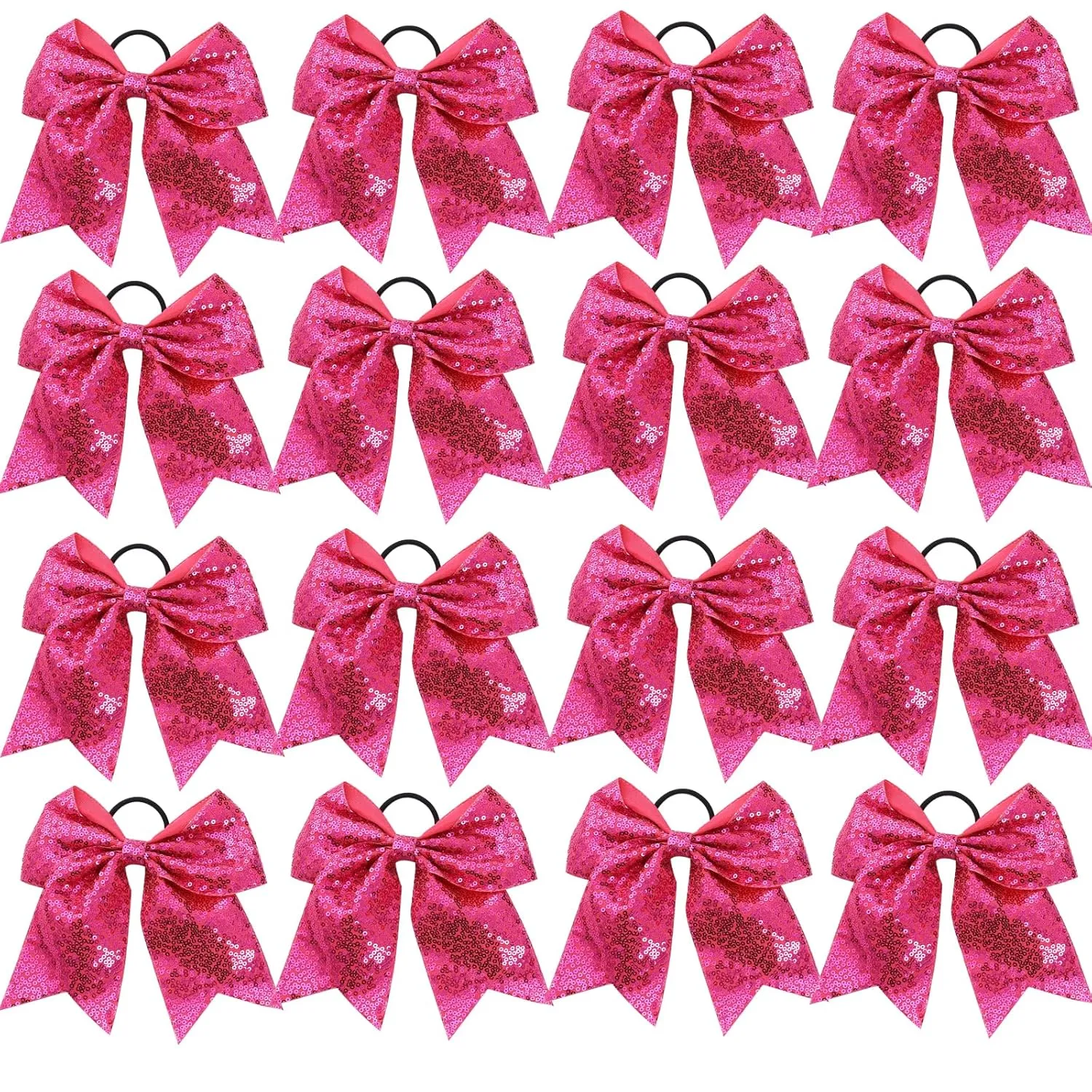 16 PCS Large Glitter Hot Pink Cheer Hair Bows, Shiny Cheerleading Bows Ponytail Holder for Cheerleader Girls Softball Sports and Christmas Tree Decor (Hot Pink)