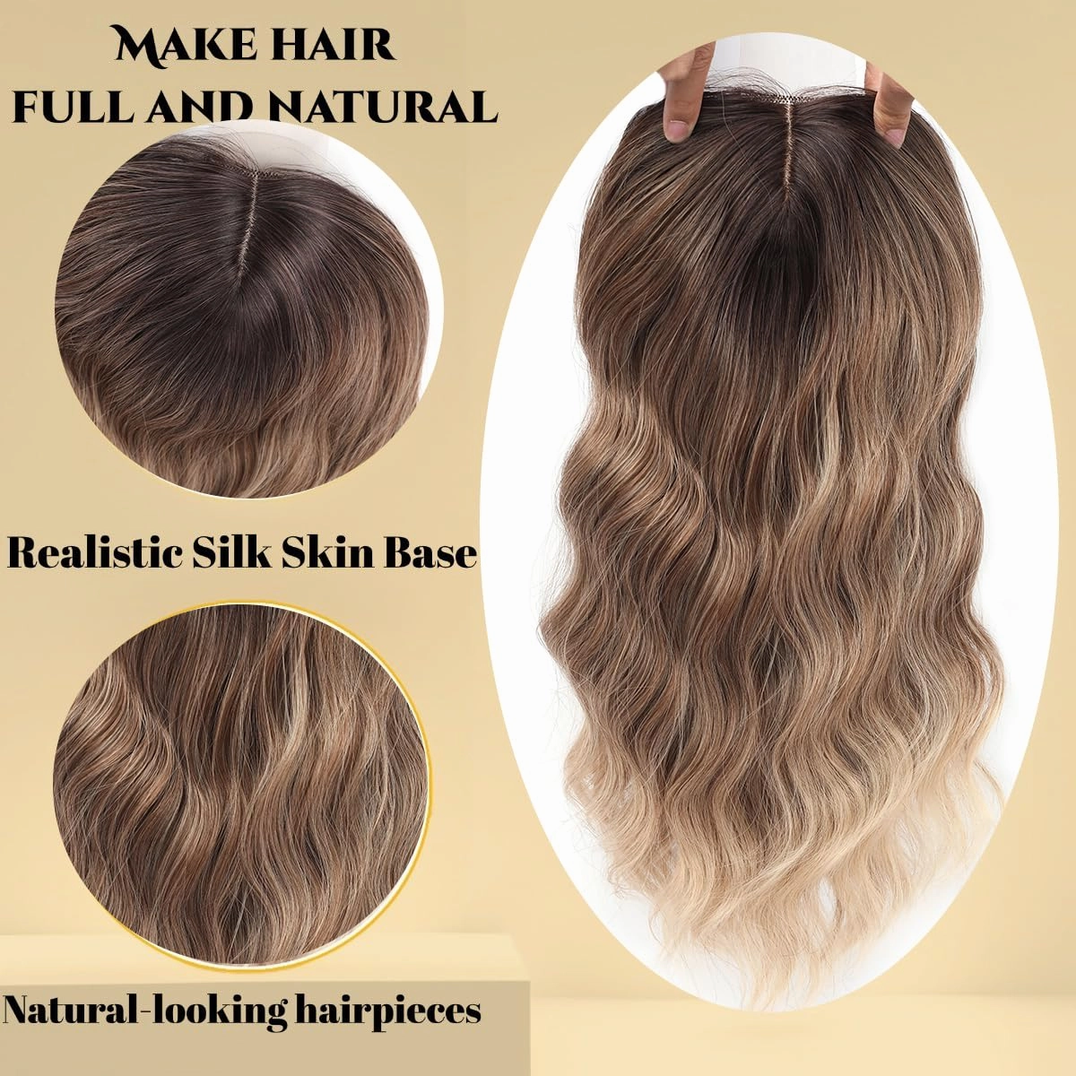 18Inch Hair Toppers for Women with Thinning Hair, Heat Resistant Fibre Synthetic 6.5" x 6.5" Base, Curly Wavy Topper for Women (Ombre Blonde Brown, 18inch)