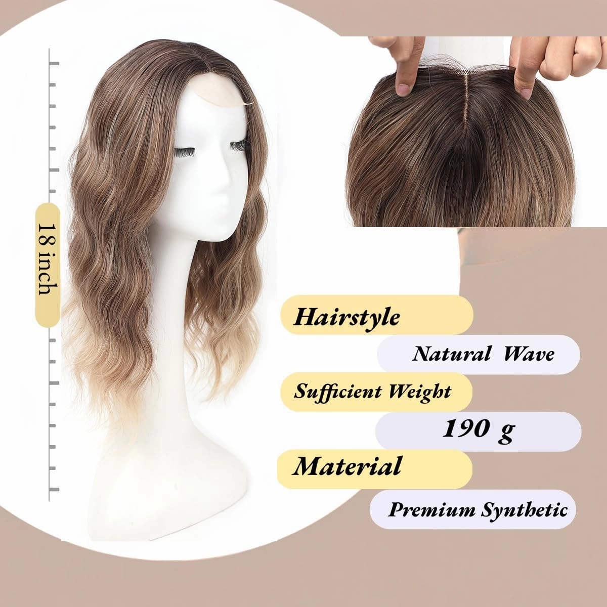 18Inch Hair Toppers for Women with Thinning Hair, Heat Resistant Fibre Synthetic 6.5" x 6.5" Base, Curly Wavy Topper for Women (Ombre Blonde Brown, 18inch)