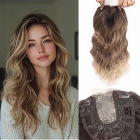 18Inch Hair Toppers for Women with Thinning Hair, Heat Resistant Fibre Synthetic 6.5" x 6.5" Base, Curly Wavy Topper for Women (Ombre Blonde Brown, 18inch)
