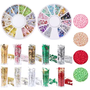 2 Boxes of 12 Grid Nail Art Rhinestones, 10 Bottles of Hollow Gold Foil, 4000 Round Imitation Pearls DIY Nail Art Materials(Light Pink, Light Orange, Bright Red, Light Green)