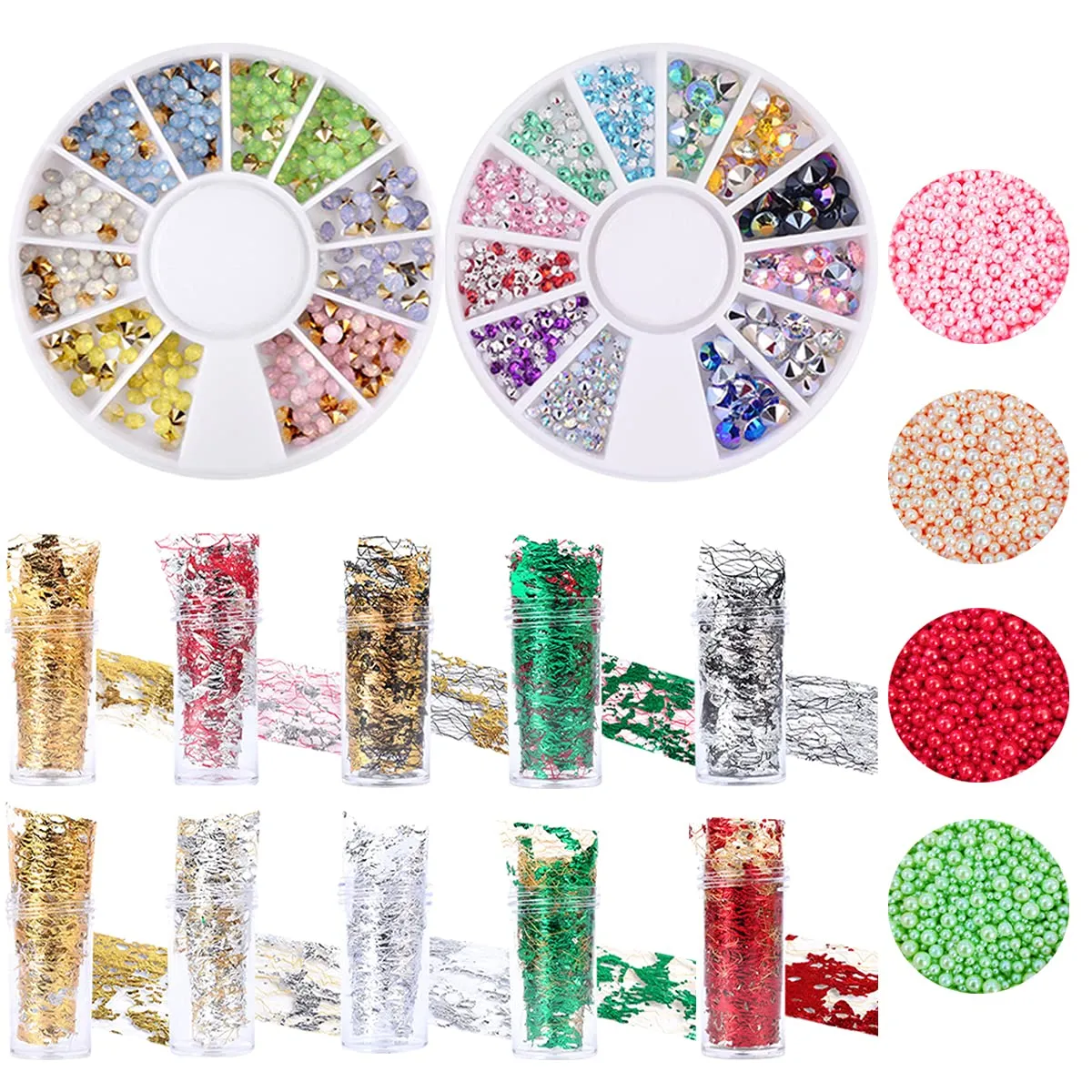 2 Boxes of 12 Grid Nail Art Rhinestones, 10 Bottles of Hollow Gold Foil, 4000 Round Imitation Pearls DIY Nail Art Materials(Light Pink, Light Orange, Bright Red, Light Green)