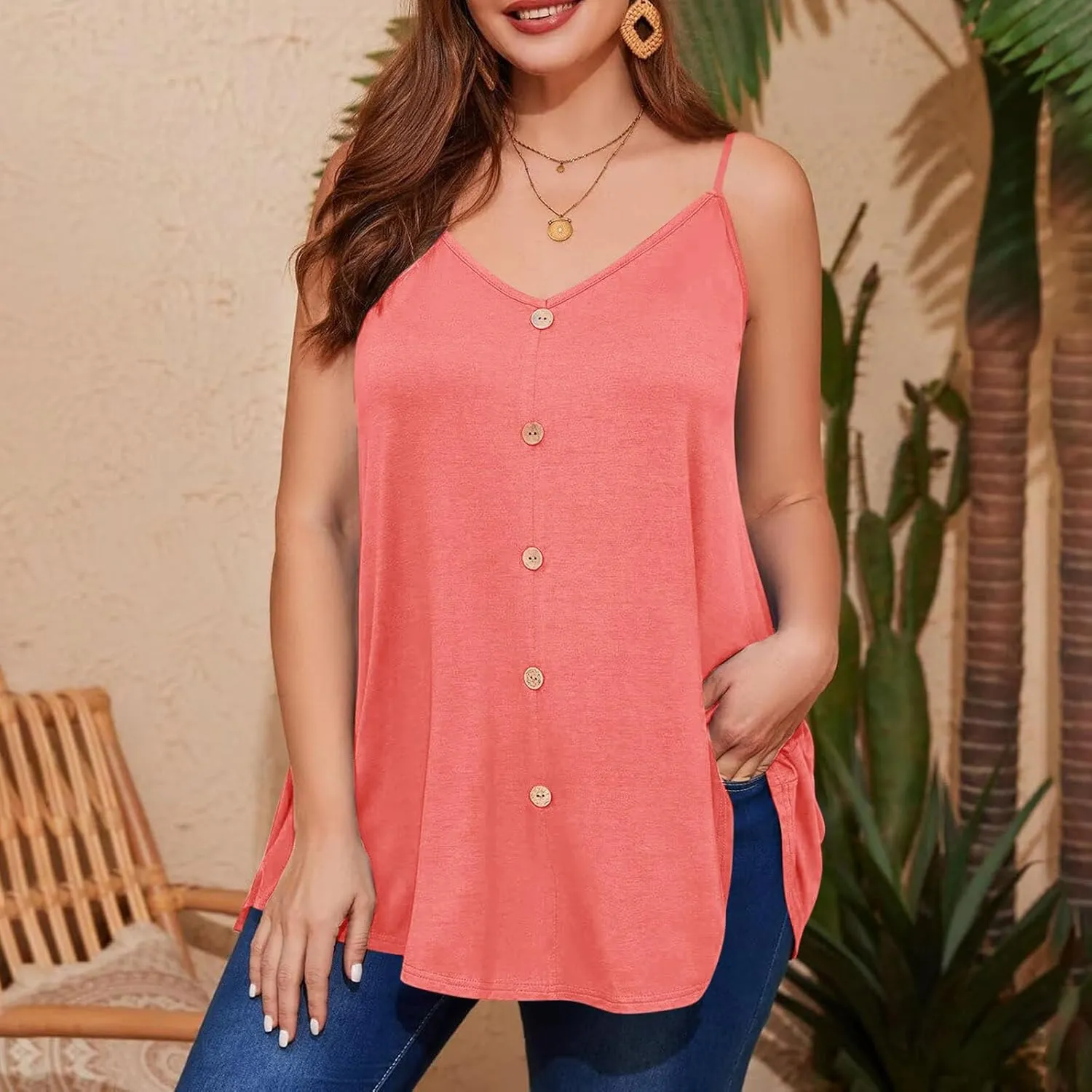 2025 Plus Size Tank Tops for Women Summer Buttons V Neck Solid Color Sleeveless Tanks Loose Fit Pleated Flowy Cami