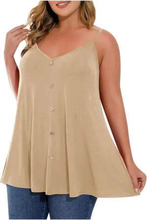 2025 Plus Size Tank Tops for Women Summer Buttons V Neck Solid Color Sleeveless Tanks Loose Fit Pleated Flowy Cami