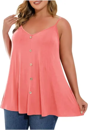 2025 Plus Size Tank Tops for Women Summer Buttons V Neck Solid Color Sleeveless Tanks Loose Fit Pleated Flowy Cami