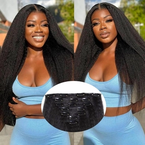 20 Inch 2 Pack Kinky Straight Clip in Hair Extensions for Black Women Yaki Straight Clip ins Full Head Seamless Synthetic Hair Pieces(14 Pcs/Set 32 Clips)