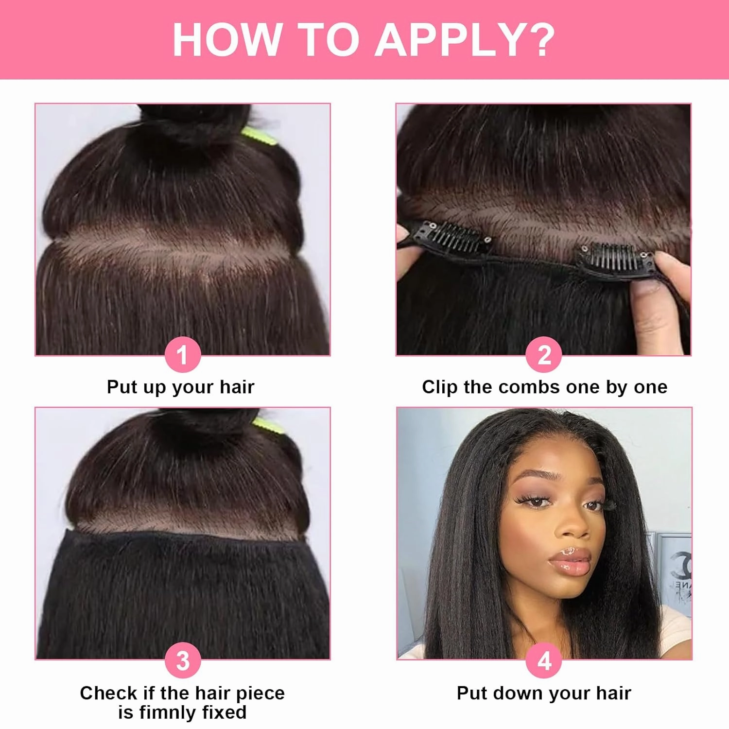 20 Inch 2 Pack Kinky Straight Clip in Hair Extensions for Black Women Yaki Straight Clip ins Full Head Seamless Synthetic Hair Pieces(14 Pcs/Set 32 Clips)