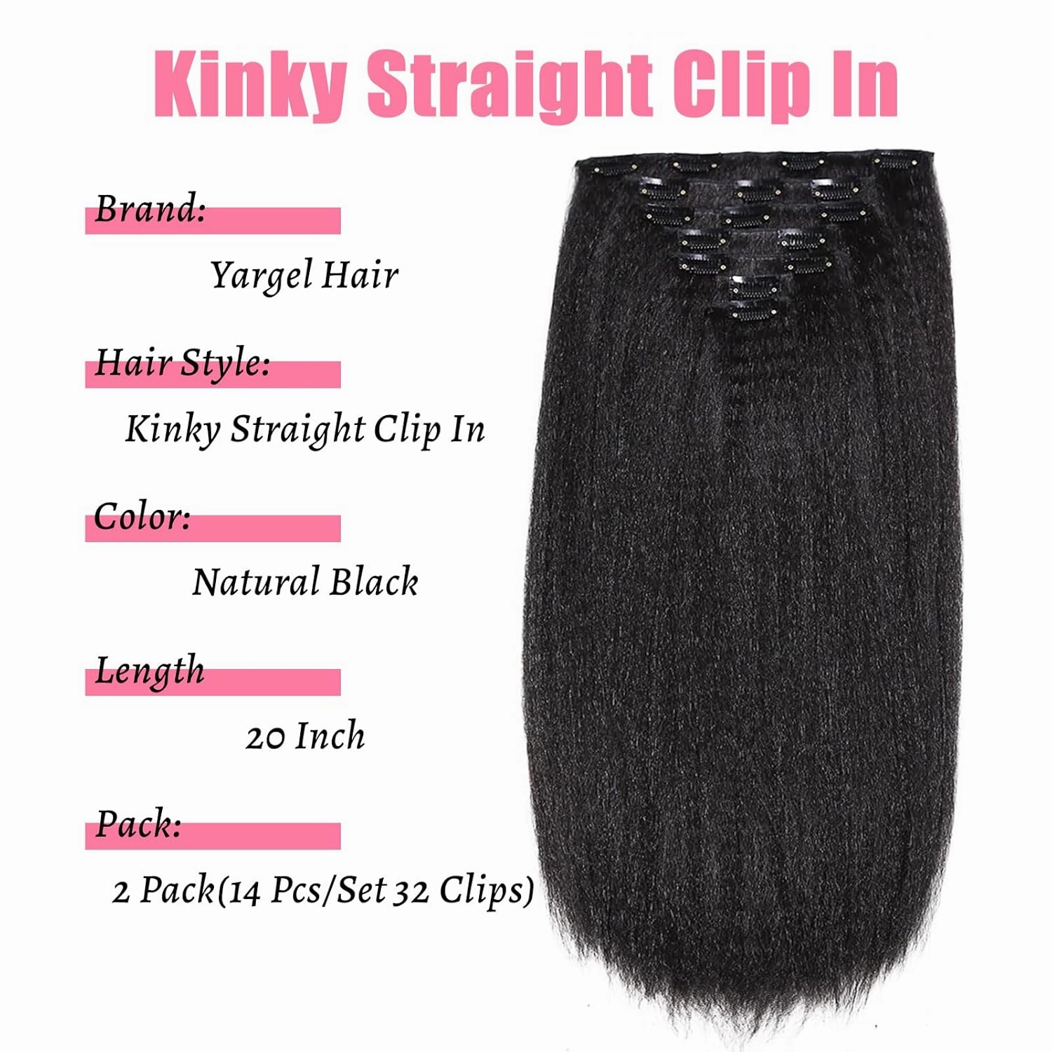 20 Inch 2 Pack Kinky Straight Clip in Hair Extensions for Black Women Yaki Straight Clip ins Full Head Seamless Synthetic Hair Pieces(14 Pcs/Set 32 Clips)