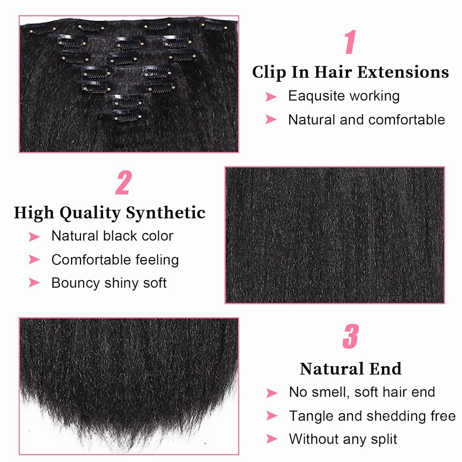 20 Inch 2 Pack Kinky Straight Clip in Hair Extensions for Black Women Yaki Straight Clip ins Full Head Seamless Synthetic Hair Pieces(14 Pcs/Set 32 Clips)
