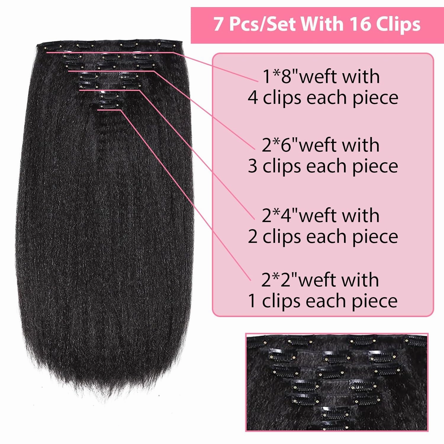 20 Inch 2 Pack Kinky Straight Clip in Hair Extensions for Black Women Yaki Straight Clip ins Full Head Seamless Synthetic Hair Pieces(14 Pcs/Set 32 Clips)