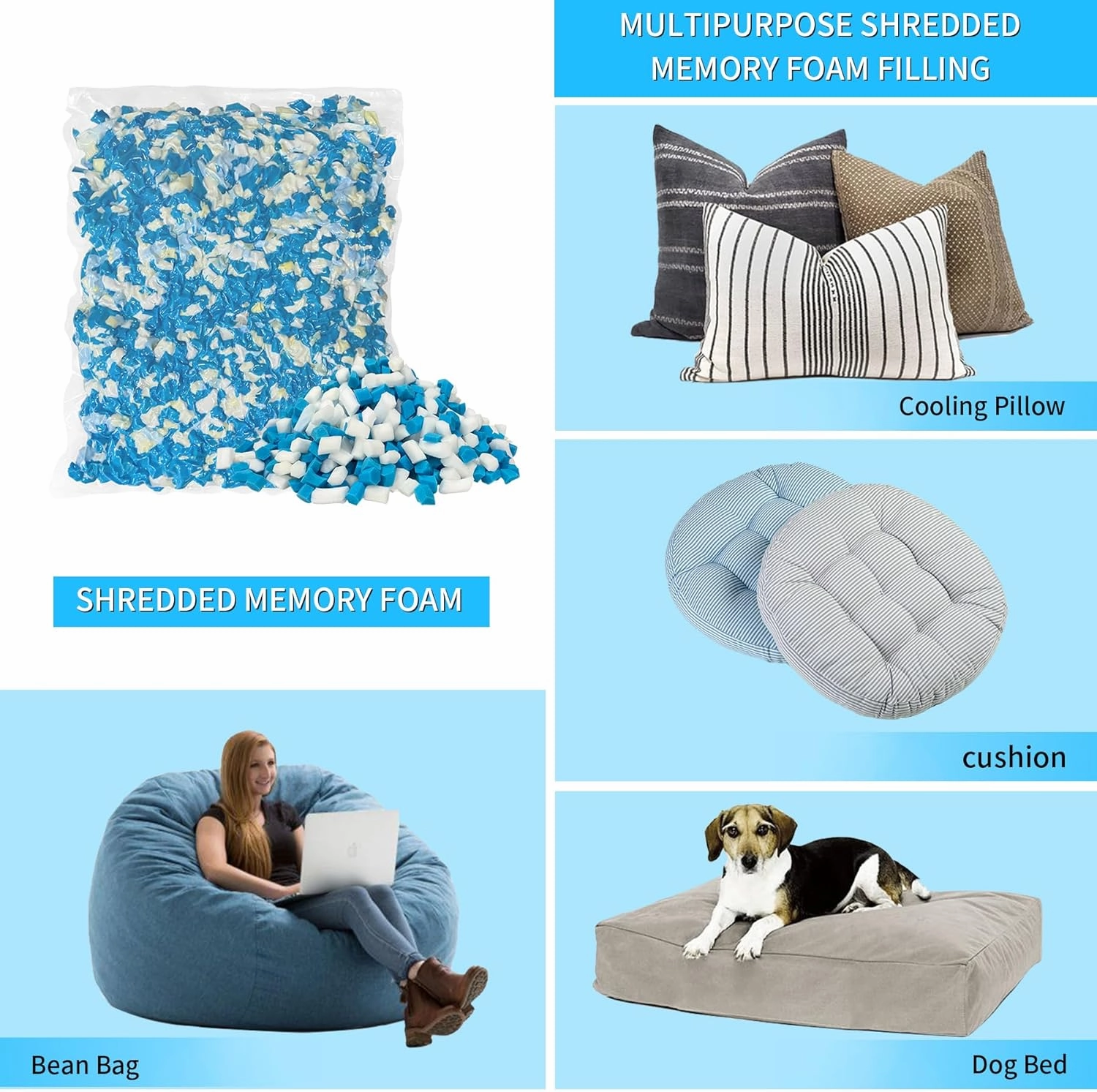 20 LBS Shredded Gel Memory Foam Filling, Comfortable and Soft Bean Bag Chair Filler, Memory Foam Stuffing for Cooling Pillow, Beanbag, Stuffed Animal, Dog Bed, Couch Cushion