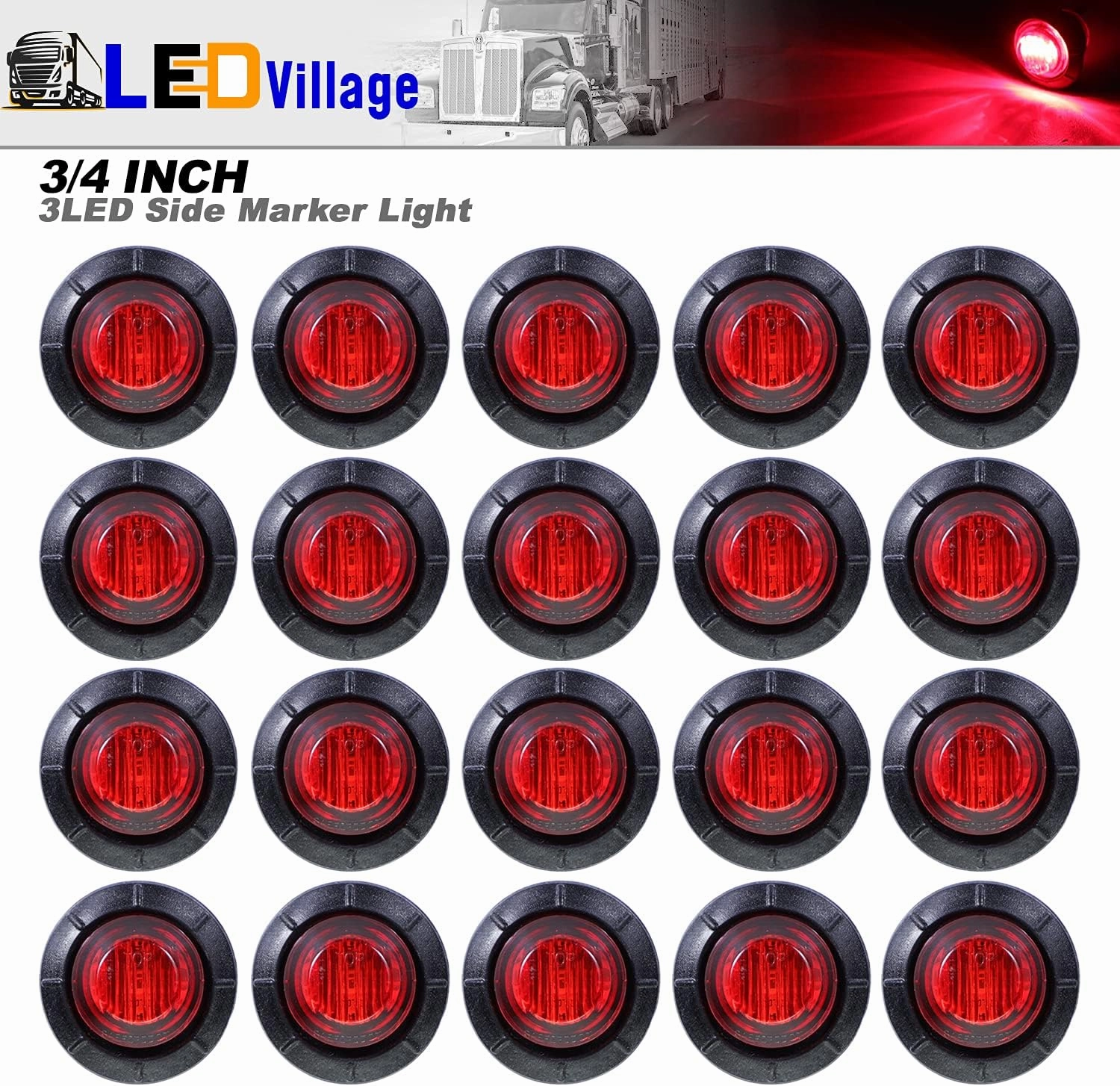 20 Pcs 3/4 Inch Red Light Mini Round Bullet Side Marker Clearance Signal Sealed Button Lamps with Grommet for Trailer Truck Lorry Boat Pickup 12V DC 3LED