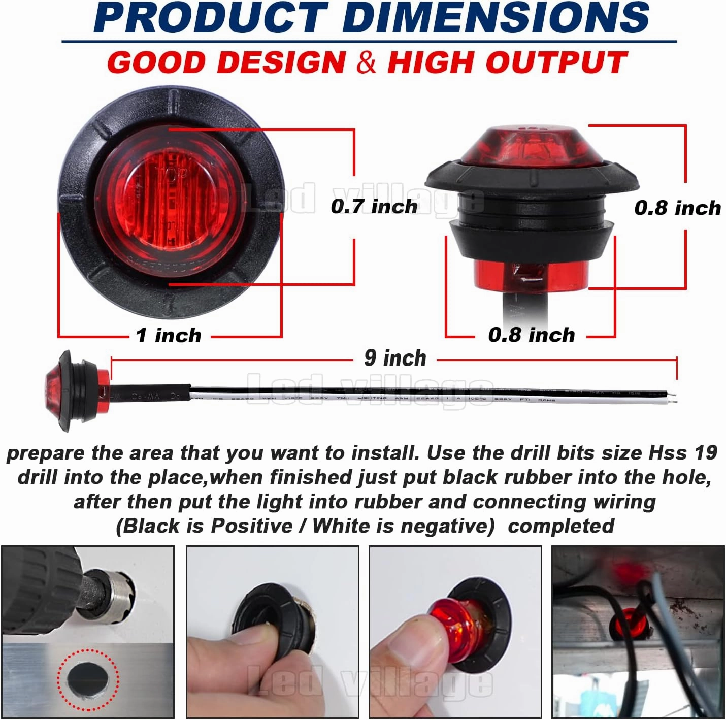 20 Pcs 3/4 Inch Red Light Mini Round Bullet Side Marker Clearance Signal Sealed Button Lamps with Grommet for Trailer Truck Lorry Boat Pickup 12V DC 3LED