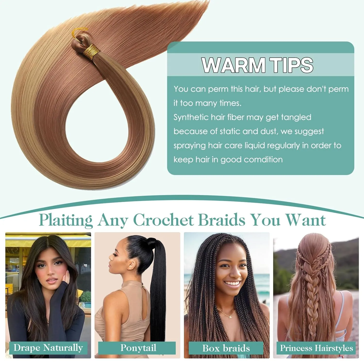 24 Inch Bone Straight Braiding Hair 150g 3 Packs Straight Hair Extensions, Ariel Straight Ponytail Hair Bundles, Ombre Soft Synthetic Hair for Women (27/30, 24 Inch 3 Bundles)
