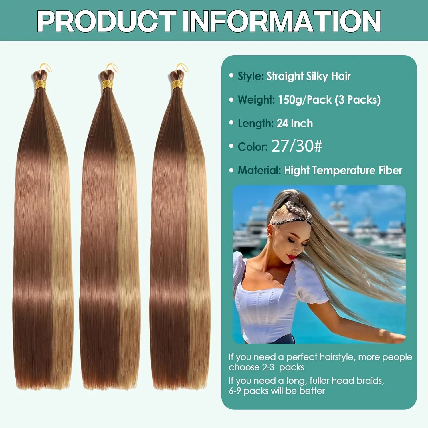 24 Inch Bone Straight Braiding Hair 150g 3 Packs Straight Hair Extensions, Ariel Straight Ponytail Hair Bundles, Ombre Soft Synthetic Hair for Women (27/30, 24 Inch 3 Bundles)