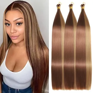 24 Inch Bone Straight Braiding Hair 150g 3 Packs Straight Hair Extensions, Ariel Straight Ponytail Hair Bundles, Ombre Soft Synthetic Hair for Women (27/30, 24 Inch 3 Bundles)
