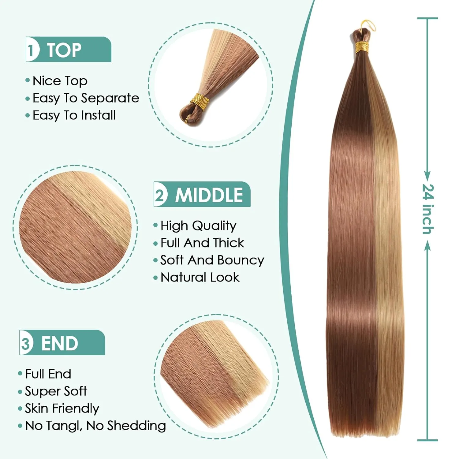 24 Inch Bone Straight Braiding Hair 150g 3 Packs Straight Hair Extensions, Ariel Straight Ponytail Hair Bundles, Ombre Soft Synthetic Hair for Women (27/30, 24 Inch 3 Bundles)