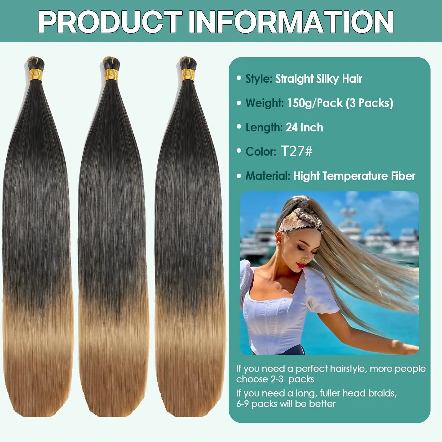 24 Inch Bone Straight Braiding Hair 150g 3 Packs Straight Hair Extensions, Black Blond Ariel Straight Ponytail Hair Bundles, Ombre Soft Synthetic Hair for Women (1B/27, 24 Inch 3 Bundles)