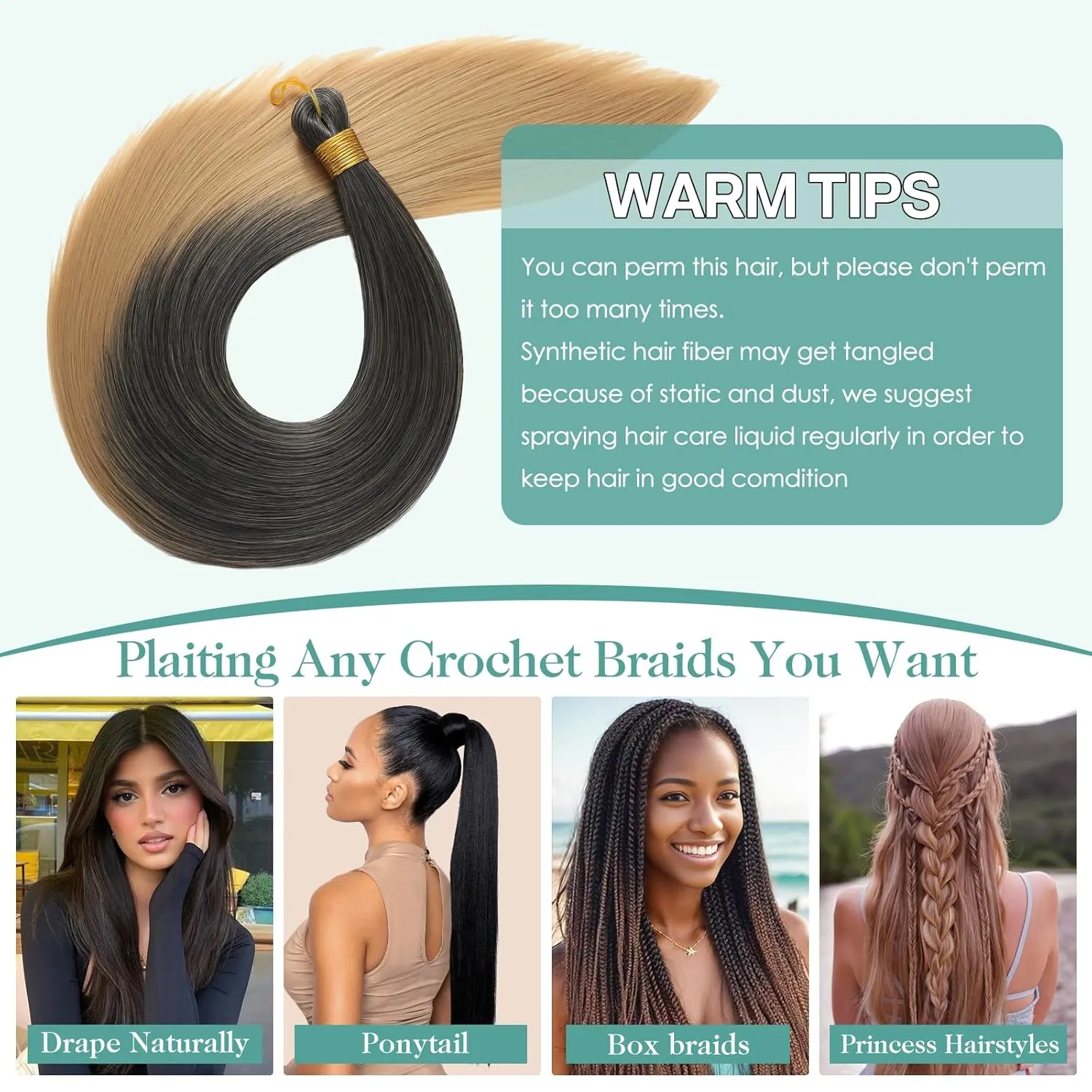 24 Inch Bone Straight Braiding Hair 150g 3 Packs Straight Hair Extensions, Black Blond Ariel Straight Ponytail Hair Bundles, Ombre Soft Synthetic Hair for Women (1B/27, 24 Inch 3 Bundles)
