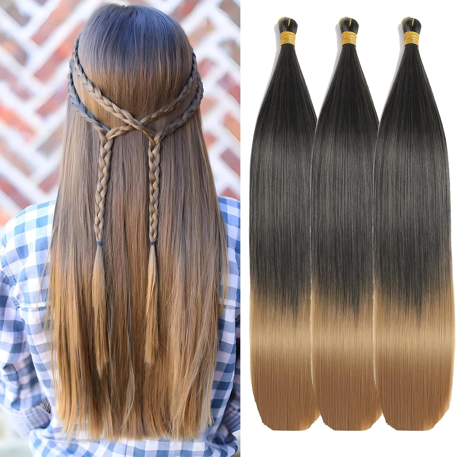 24 Inch Bone Straight Braiding Hair 150g 3 Packs Straight Hair Extensions, Black Blond Ariel Straight Ponytail Hair Bundles, Ombre Soft Synthetic Hair for Women (1B/27, 24 Inch 3 Bundles)