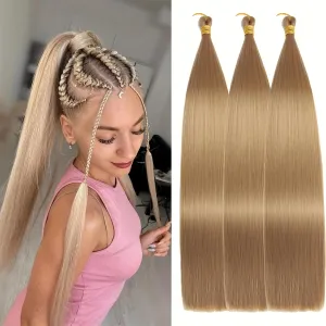 24 Inch Bone Straight Braiding Hair 150g 3 Packs Straight Hair Extensions, Blond Ariel Straight Ponytail Hair Bundles, Ombre Soft Synthetic Hair for Women (27#, 24 Inch 3 Bundles)
