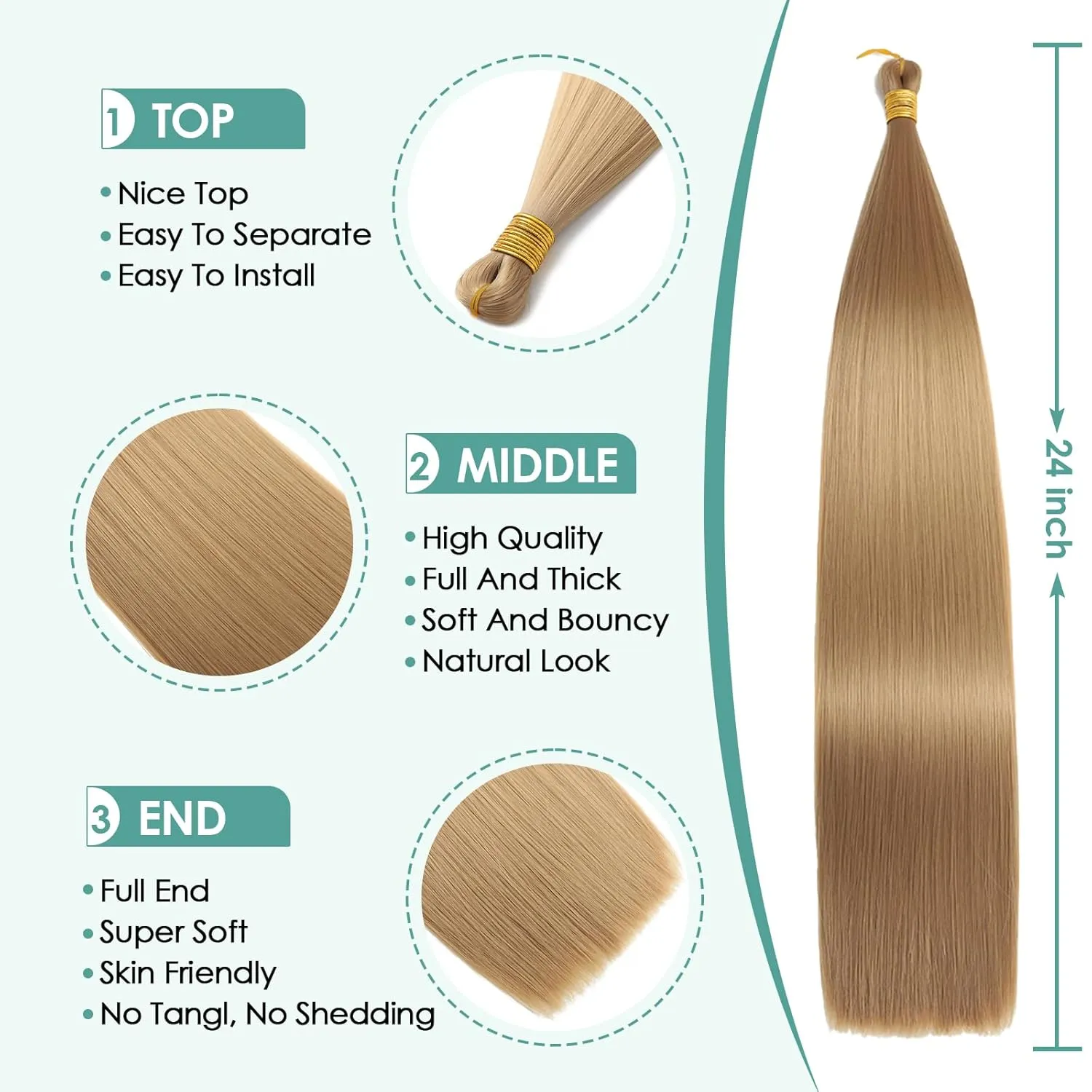 24 Inch Bone Straight Braiding Hair 150g 3 Packs Straight Hair Extensions, Blond Ariel Straight Ponytail Hair Bundles, Ombre Soft Synthetic Hair for Women (27#, 24 Inch 3 Bundles)