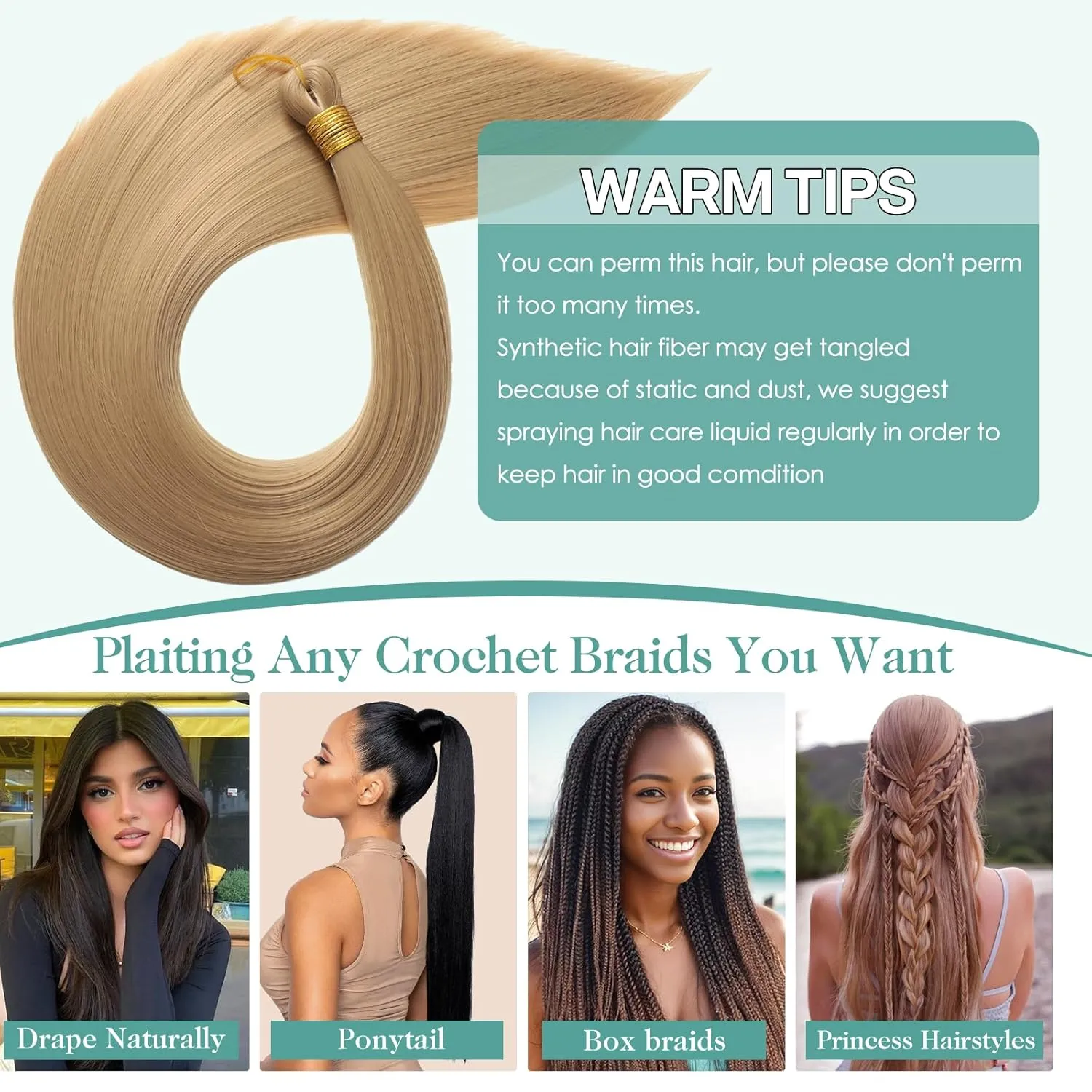 24 Inch Bone Straight Braiding Hair 150g 3 Packs Straight Hair Extensions, Blond Ariel Straight Ponytail Hair Bundles, Ombre Soft Synthetic Hair for Women (27#, 24 Inch 3 Bundles)