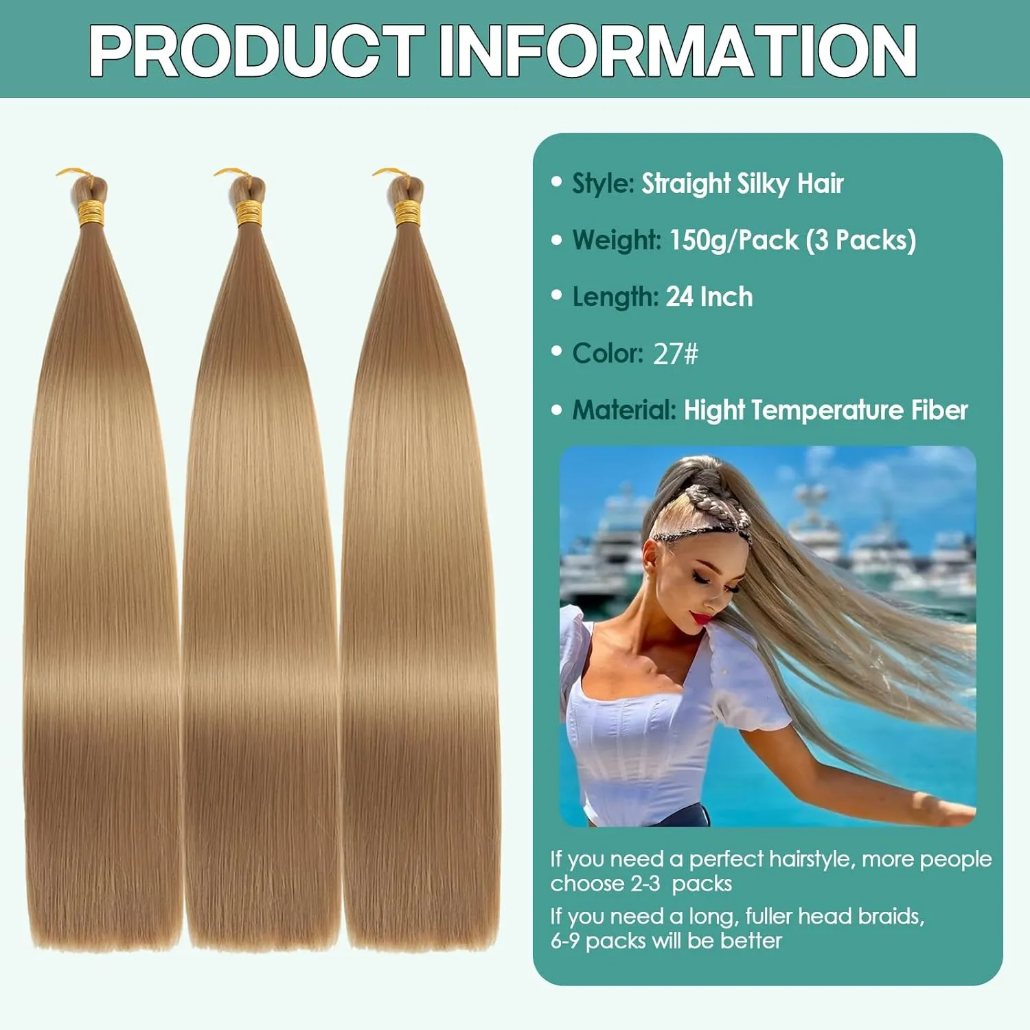 24 Inch Bone Straight Braiding Hair 150g 3 Packs Straight Hair Extensions, Blond Ariel Straight Ponytail Hair Bundles, Ombre Soft Synthetic Hair for Women (27#, 24 Inch 3 Bundles)