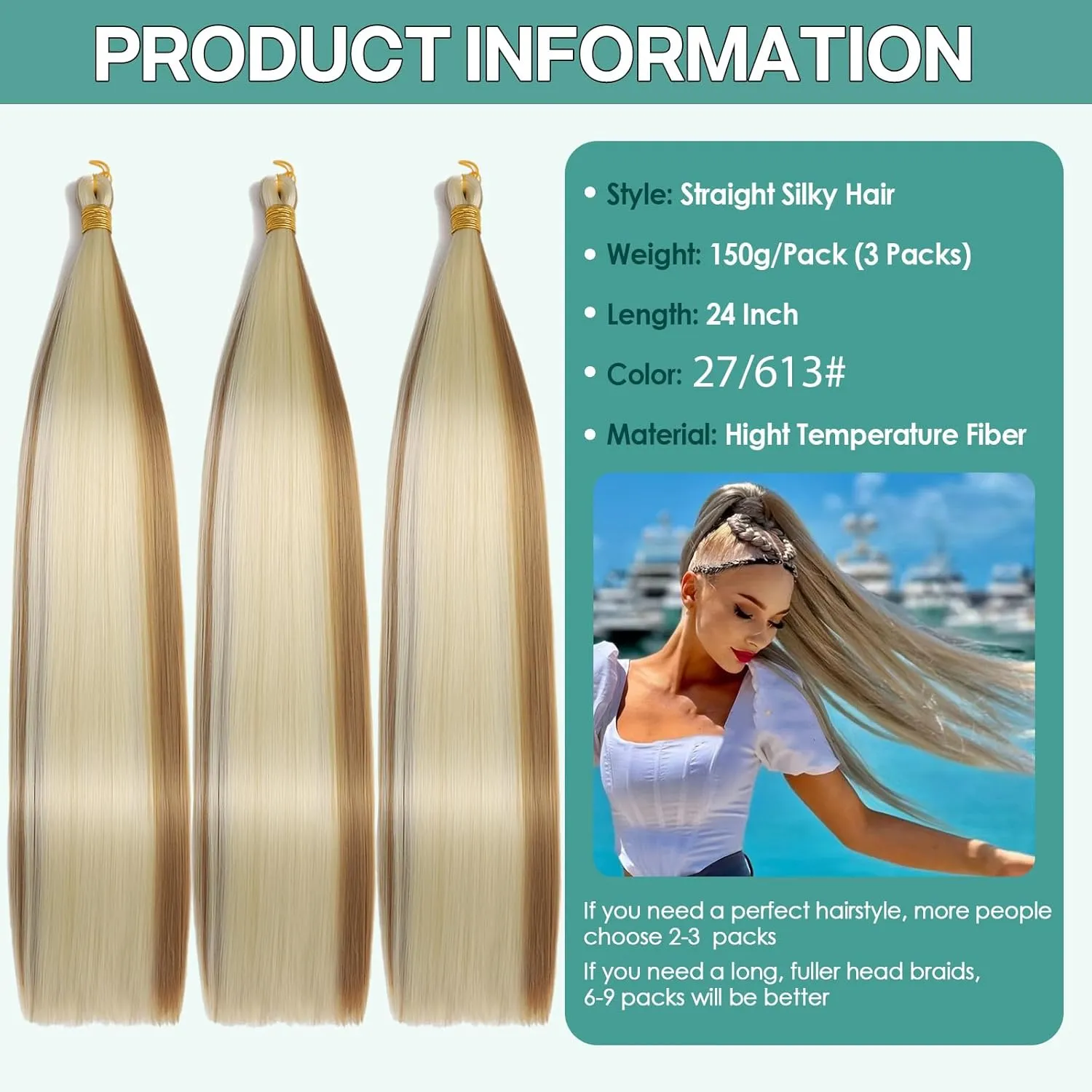 24 Inch Bone Straight Braiding Hair 150g 3 Packs Straight Hair Extensions, Blond Ariel Straight Ponytail Hair Bundles, Ombre Soft Synthetic Hair for Women