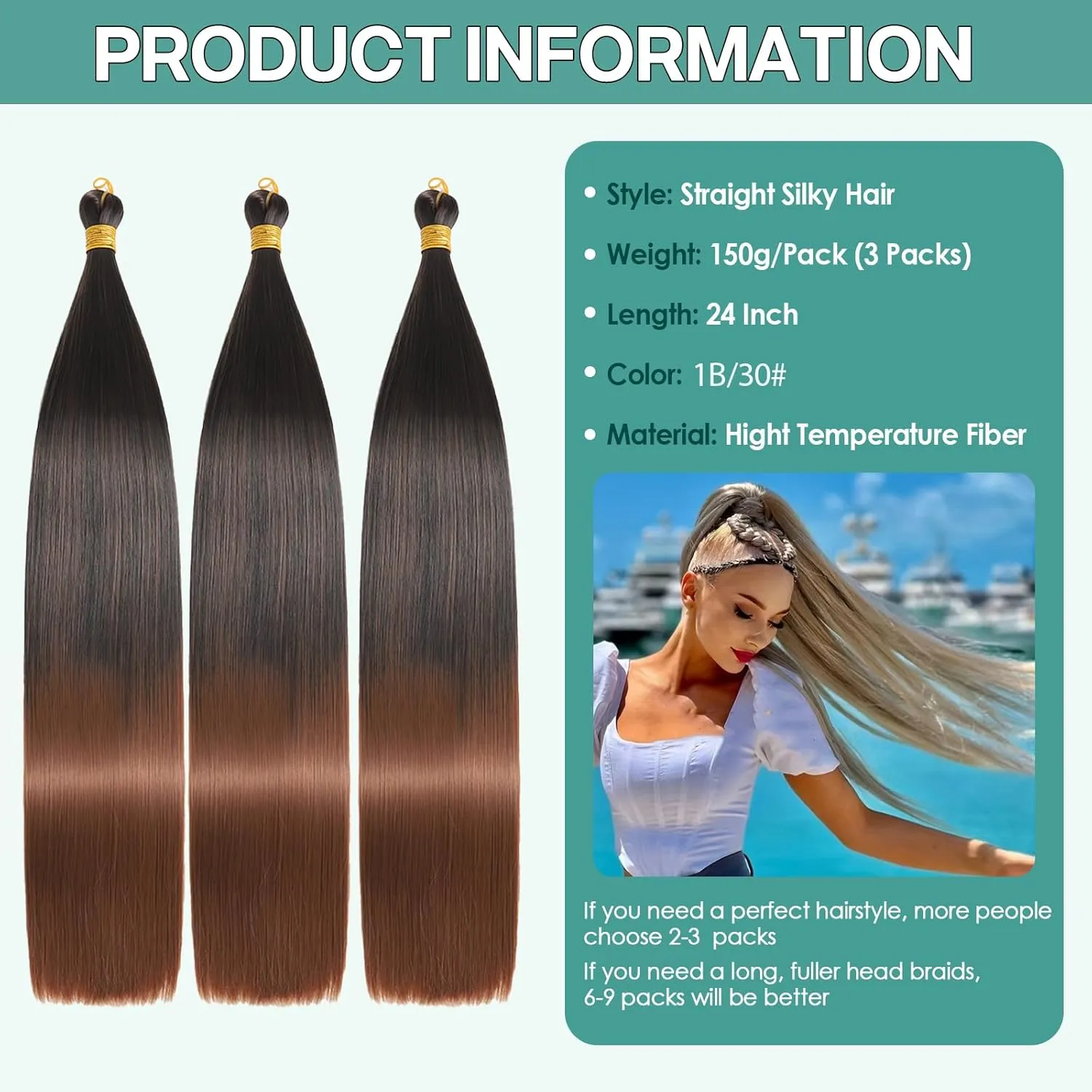 24 Inch Bone Straight Braiding Hair 150g 3 Packs Straight Hair Extensions, Ombre Soft Synthetic Birad for Women (1B/30, 24 Inch 3 Bundles)