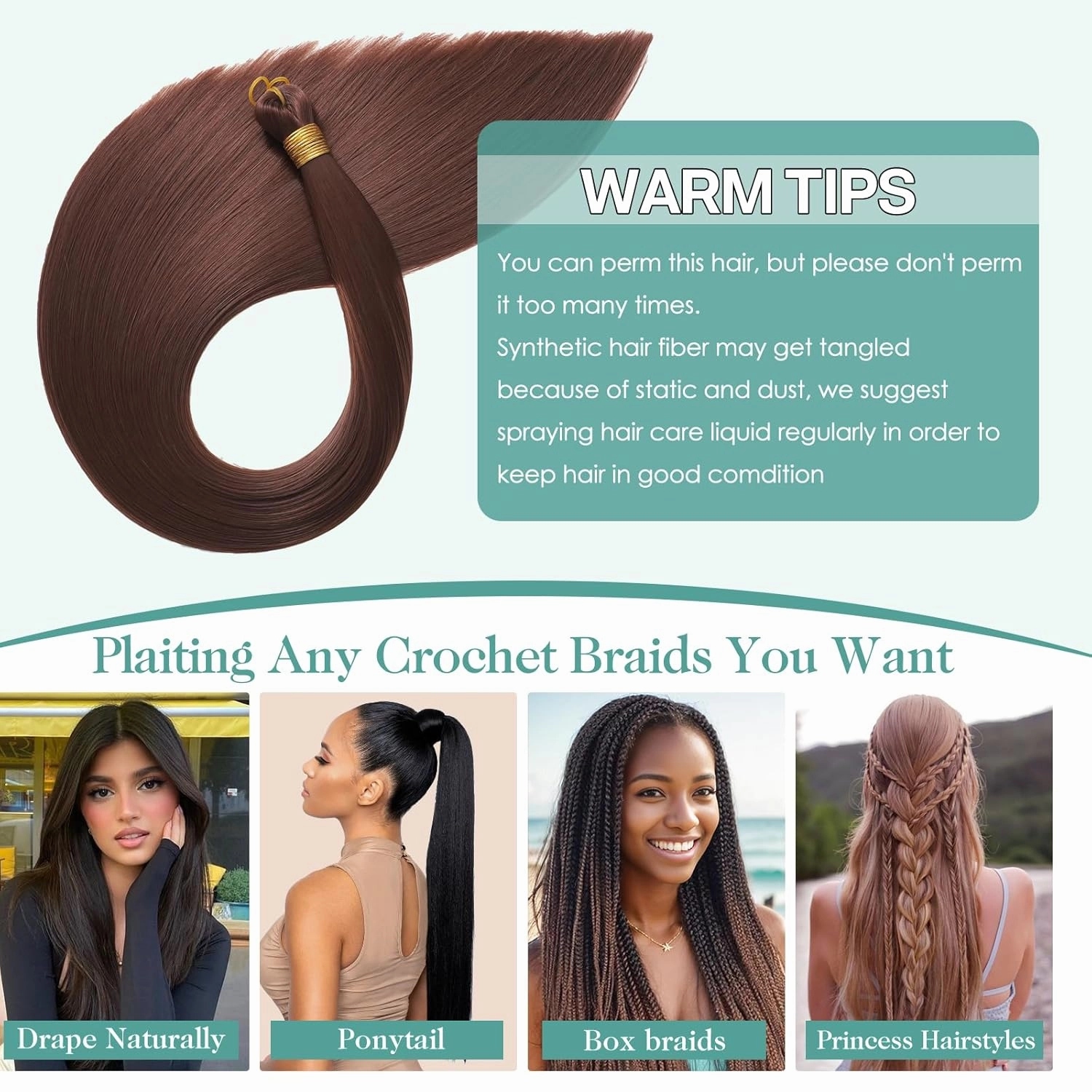 24 Inch Bone Straight Braiding Hair 150g 3 Packs Straight Hair Extensions, Brown Ariel Straight Ponytail Hair Bundles, Ombre Soft Synthetic Hair for Women (33#, 24 Inch 3 Bundles)